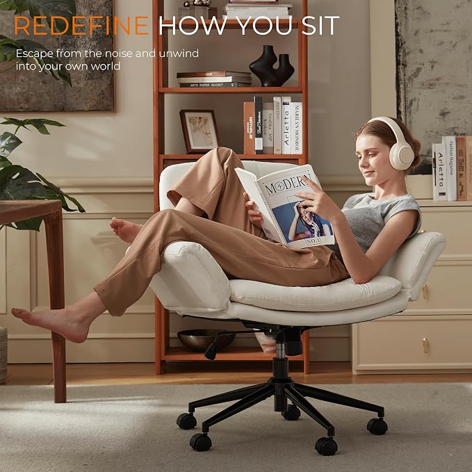 Dowinx Criss Cross Chair with Five-Level Adjustable Arms and Wheels - Comfortable Ergonomic PU Leather Swivel Vanity Chair - Computer Makeup Chair for Home Office, Bedroom, Vanity Room -Milk White - Image 7