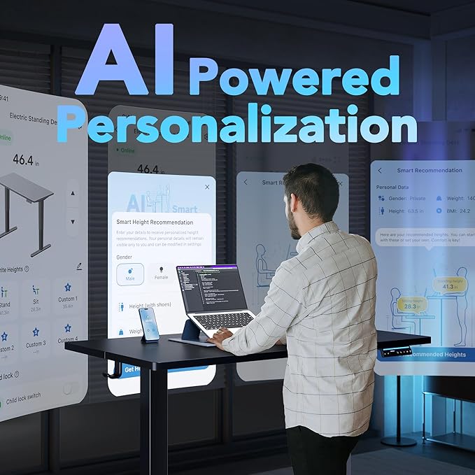 HUANUO 48" AI Smart Standing Desk with App-Synced Sedentary Reminders, Electric Height Adjustable Desk with Body-Data Ergonomic Presets, Voice Control Alexa/Google/Siri, 3 Memory Settings Table, Black - Image 3