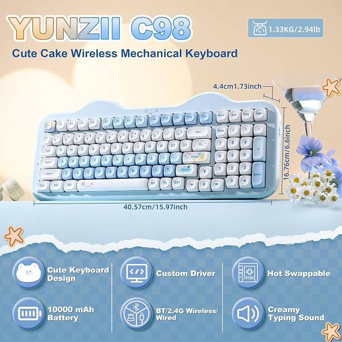 YUNZII C98 Cute Cake Wireless Mechanical Keyboard(Blue, Milk Switch) | 99 Keys with Number Pad, Hot Swap, PBT MOA Keycaps, BT5.0/2.4G/USB-C, Gasket Mount, Custom RGB Backlit for Win/Mac - Image 2