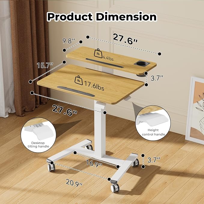 28" Mobile Standing Desk, Tiltable Top with 2-Tier Shelves, Maple | Pneumatic Rolling Desk, Adjustable Height Computer Workstation, Sit Stand Portable Drafting Table & Laptop Cart on Wheels - Image 2