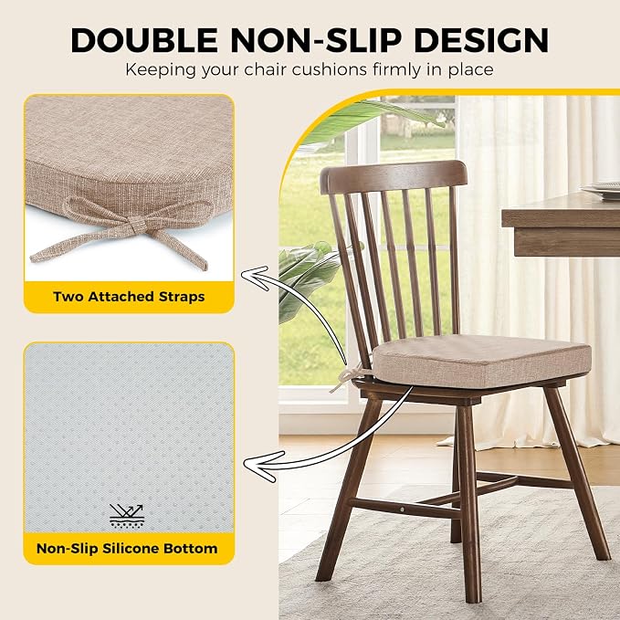 downluxe Indoor Chair Cushions for Dining Chairs,Kitchen Chair Pads with Ties and Non-Slip Backing, 16" x 16" x 2", Oatmeal Beige, 6 Pack - Image 4