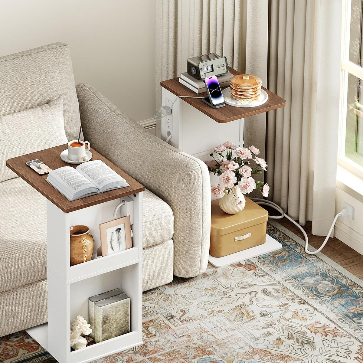 C Shaped End Table with Charging Station, Slide Under Couch Table - Image 3