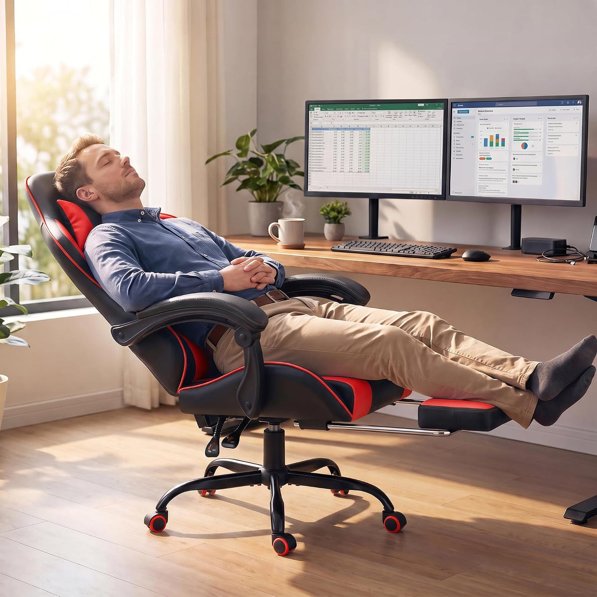 Homall Gaming Chair, Ergonomic, Footrest & Massage Lumbar Support, Red - Image 9