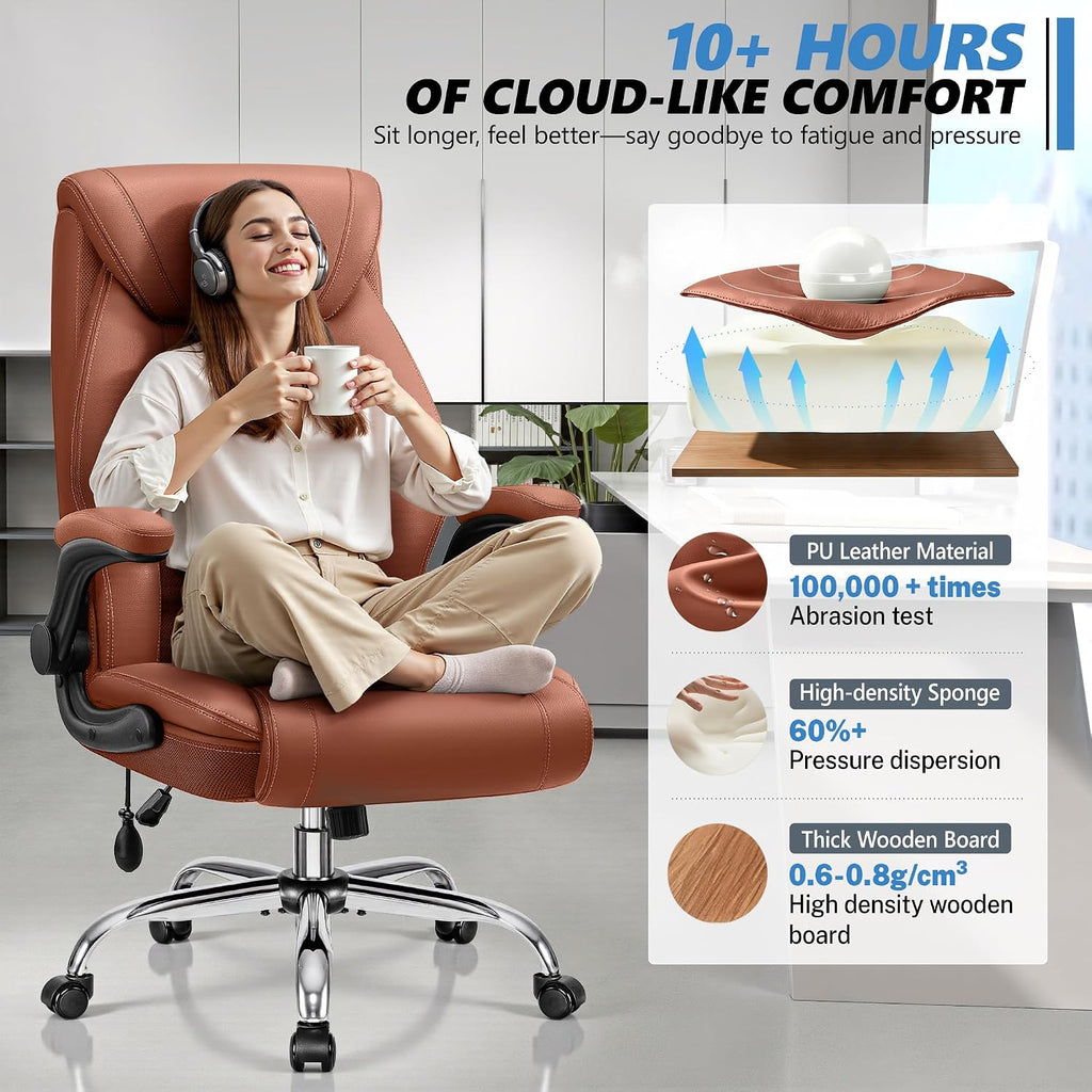Executive Office Chair with Lumbar Support, Big and Tall Ergonomic Computer Desk Chair, Leather Comfy High Back Gaming Chair with Flip Up Arms & Rocking Function for Home Office, Brown - Image 5