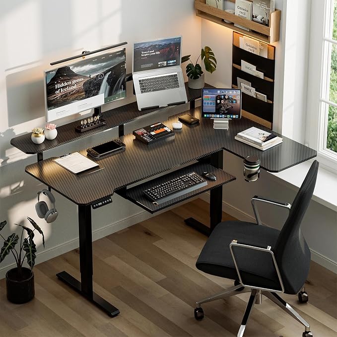 59 Inch L Shaped Standing Desk with Shelves and Keyboard, Electric Corner Standing Desk Adjustable Height, Sit Stand Computer Table with Reversiable Splice Board，Black Carbon - Image 2