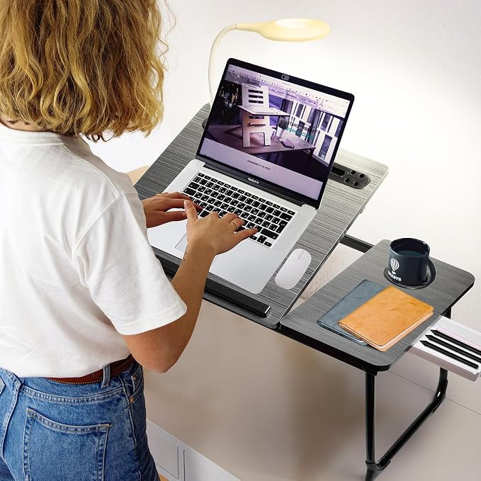 CloudTrip Plus XL Adjustable Laptop Desk with Light, USB Port, iPad Holder, Drawer Storage - Larger 23.6IN Adjustable Lap Desk for Bed, Home Office, Breakfast Tray, Fordable Legs Desk (Walnut) - Image 5