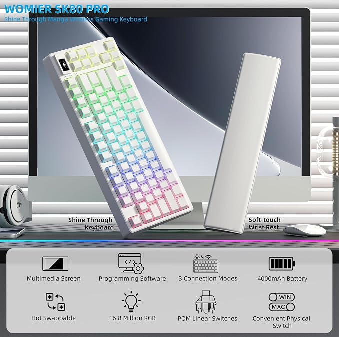 Womier 75% Wireless Mechanical Keyboard with Color Multimedia Screen | PC Gaming Keyboard, 3-Modes Hot Swappable Shine Through Manga Keyboard w/Wrist Rest, Gasket RGB Custom for Mac/Win (SK80 PRO） - Image 2
