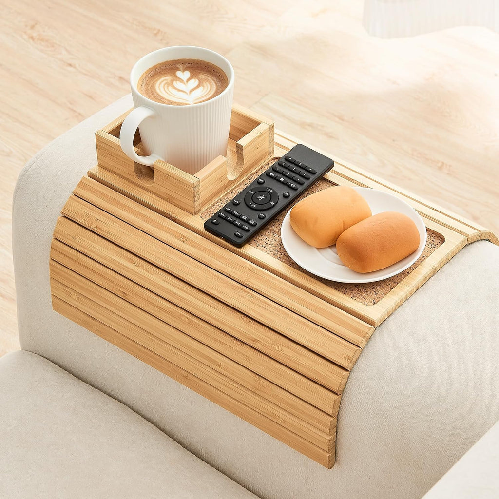 Bamboo Sofa Arm Tray Table, Foldable Couch Cup Holder, Anti-Slip Wide Couch Arm Tray Aremrest Table for Drink, Cup, Remote, Snacks, Cellphone, Portable, Bamboo/Cork Color by LOVYANXUE