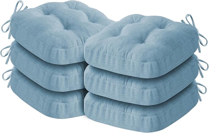 IASEAHK Chair Cushions for Dining Chairs, Dining Chair Cushions, Tufted Indoor Chair Pads with Ties & Non Slip Backing, Seat Cushions for Kitchen Chairs 16.5” x 16.5” x 3.5”, Set of 6, Light Blue by IASEAHK