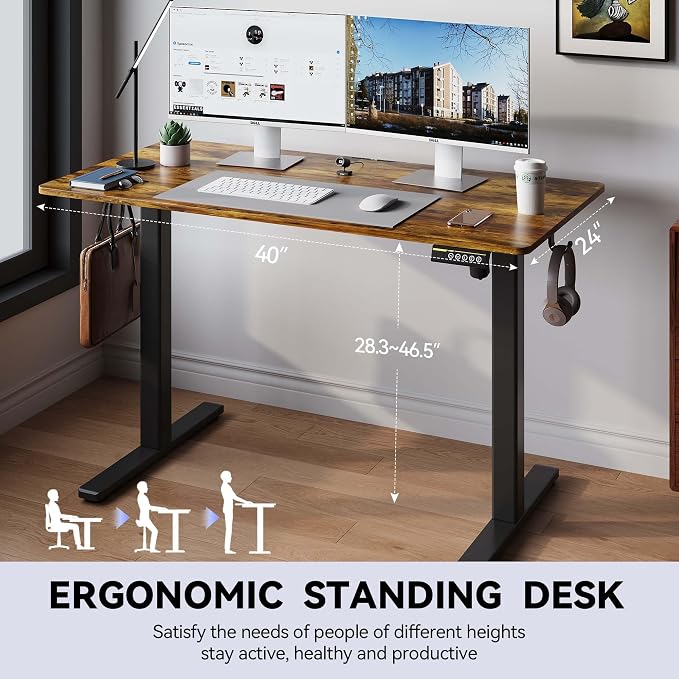 40 x 24 Inch Height Adjustable Standing Desk, 3 Presets, Brown | 40 x 24 in Desktop, 28.3–46.5 in Height, 2+3 Controls, ≤45 dB, 154 lb Capacity, 2 Hooks - Image 4