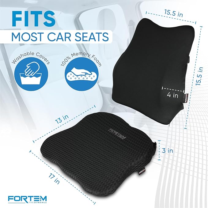 FORTEM Car Seat Cushion & Lumbar Support Pillow for Car, Memory Foam Set | Ergonomic | Better Visibility | Promotes Tailbone & Sciatica Pain Relief | Adjustable Straps | Non Slip | Washable Cover - Image 2