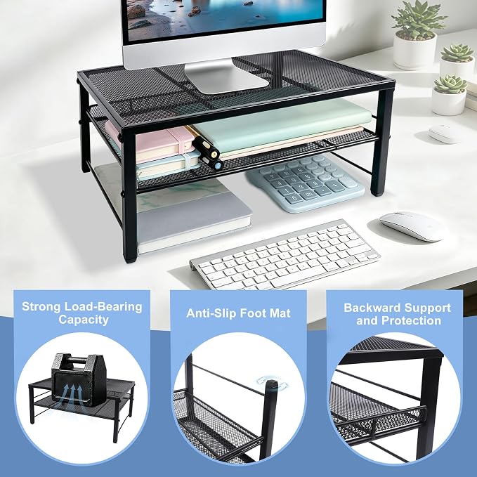COSYAWN Metal Monitor Stand Riser, 2-Tier Desk Organizer for Laptop,1 Pack - Image 3