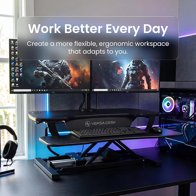 PowerPro 40 Inch Electric Standing Desk Converter – Push-Button Height Adjustable Sit to Stand Desk Riser for Triple Monitors & Laptop – Motorized Desktop Workstation with Wide Keyboard Tray - Image 6