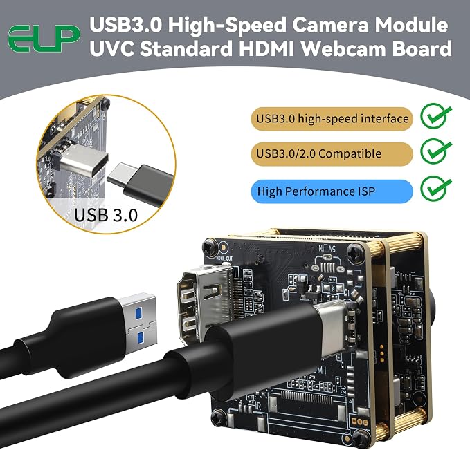 ELP 4K 60fps USB3.0 HDMI Camera Module H.264 Wide Angle High Speed UVC Lightburn Cameras for Computer Low Illumination Simultaneous Output Webcam M12 100° Web_camera for Windows Linux Mac TV Projector - Image 3