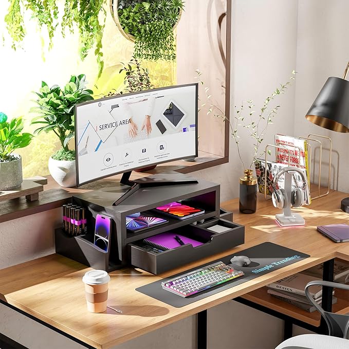 Simple Trending Wood Monitor Stand Riser, Desktop Oraganizer, Black | Desk Organizer and Accessories, Laptop & Printer Stand, Drawer & Pen Holder, for Home Office, 20.25"W x 9.25"D x 5.5"H - Image 3