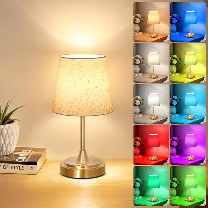 Wowag Small Cordless Table Lamp Rechargeable,5000mAh Battery Operated Desk Lamp,3 Colors & 7 RGB Stepless Dimmable,Touch Ambient Light for Bedside,Bedroom,Dining Room,Living Room,Gold,FlaxenShade by Wowag