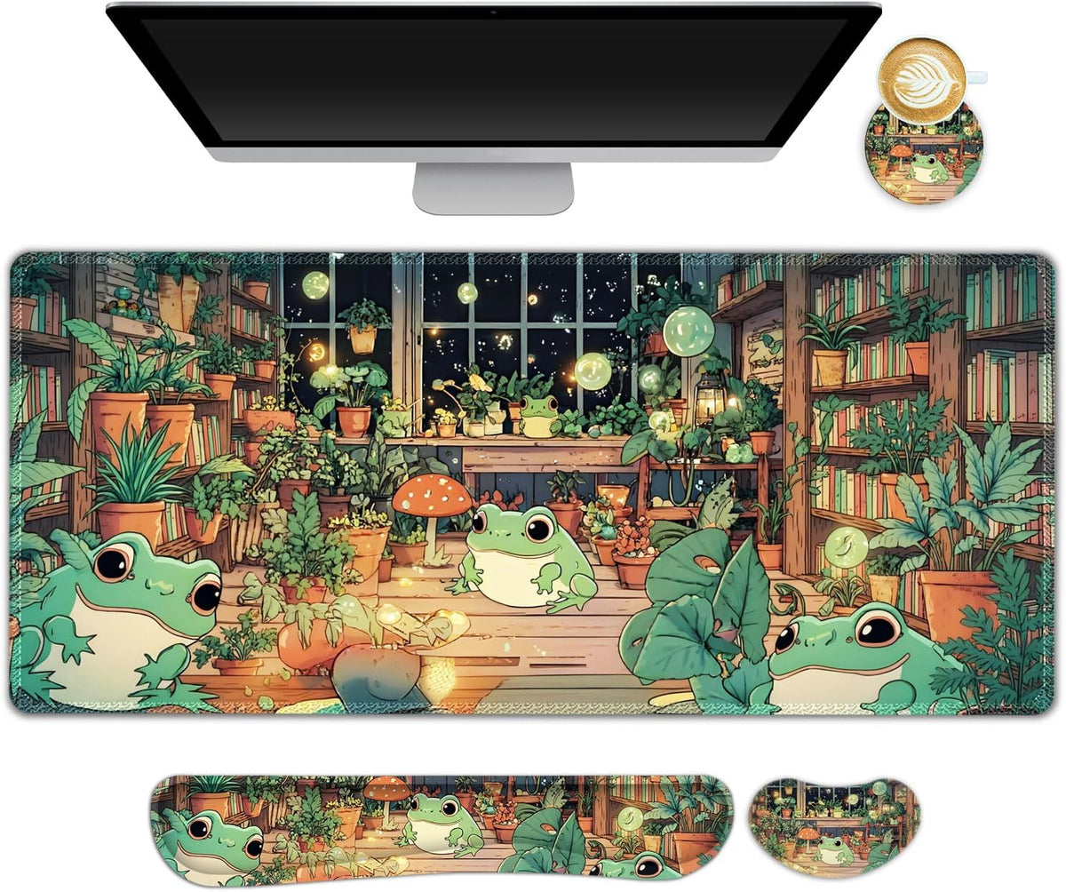 Large Gaming Mouse Pad Set, 4 in 1 Ergonomics Keyboard Desk Mat with Memory Foam Wrist Rest, Computer PC Extended Game Mousepad, Non-Slip Desk Matt Easy Typing Pain Relief I Frog & Mushroom by NXZGO