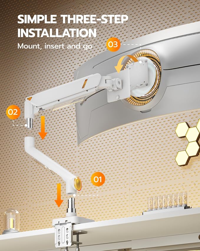 ARES WING 17-49 Inch Monitor Arm Ultrawide Single Monitor Mount, White | Heavy Duty Mechanical Spring Monitor Stand Adjustable Arms Holds up to 44lbs, 75/100 VESA Mount with Clamp/Grommet Base - Image 6