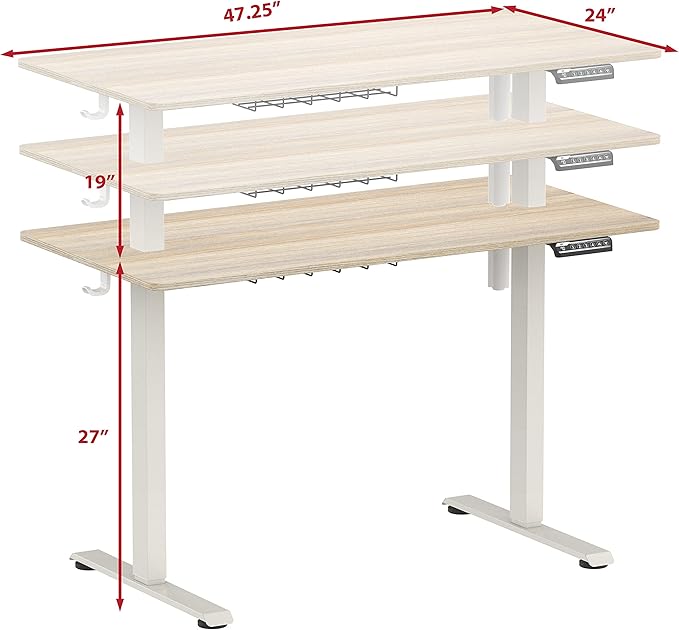 SHW 48-Inch Electric Height Adjustable Sit to Stand Desk, Maple | with Hanging Hooks and Cable Management, White Frame and Maple Top - Image 3