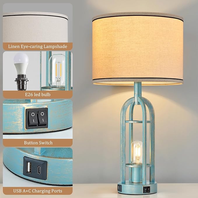 SRJJA Table Lamps for Living Room Set of 2 - Modern Farmhouse Lamps for Night Stands with Night Light & USB A+C, 24" Vintage Bedside Lamp for Bedroom, Bulbs Included - Image 5