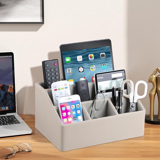 PU Leather Desk Organizer, Remote Control Holder, Dark Beige | Luxury Nightstand Organizer for Home, Office Desk Accessories, Bedside Table Caddy with 5 Compartments, Velvet Lining - Image 6
