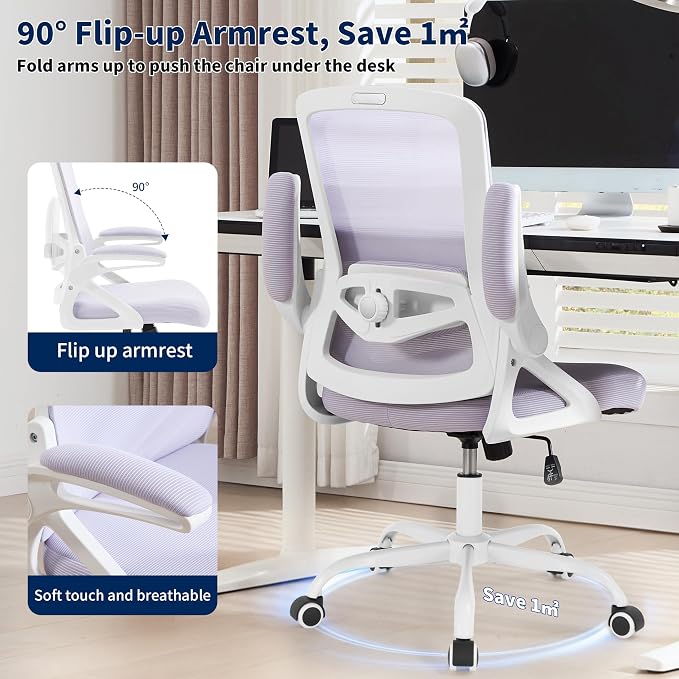 Ergonomic Office Chair Desk Chair with Adjustable Lumbar Support | Mesh Computer Chair Home Office Desk Chair with Flip-up Armrests Executive Task Chair Comfy Mesh Gaming Chair(Lavender) - Image 8