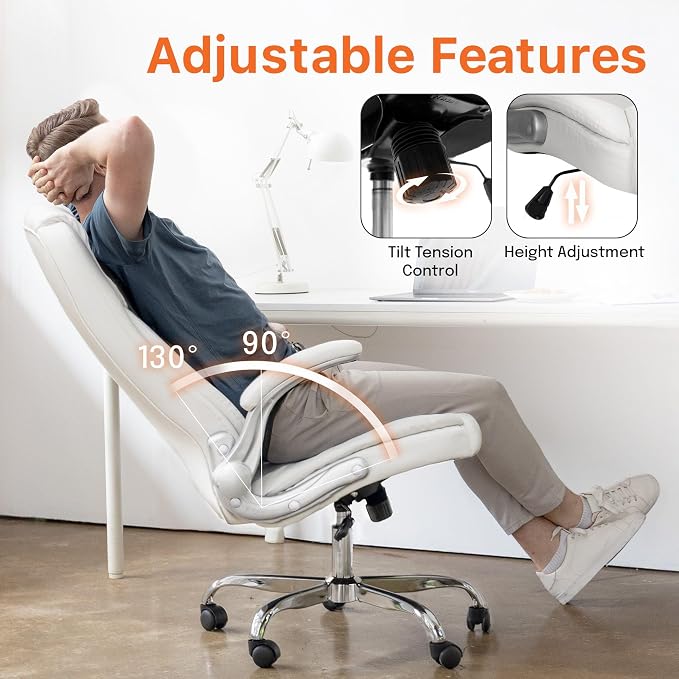 NEO CHAIR Office Desk Chair, High Back PU Leather with Flip-up Arms, White | Ergonomic Tall Computer Desk Chair Comfy, Height Adjustable, Swivel Rolling Wheels for Office Home Gaming Study - Image 7