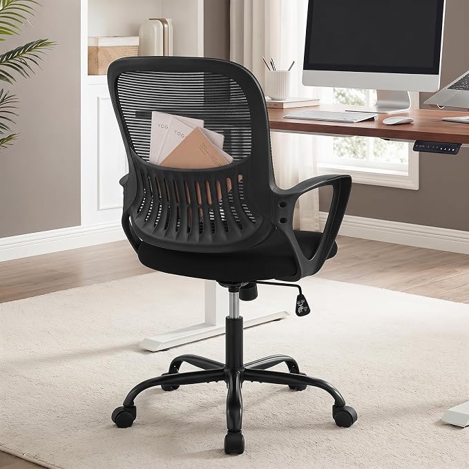 Home Office Desk Chair, Lumbar Support, Mesh Back Computer Chair | Height Adjustable, Mesh Mid-Back, Ergonomic Task Gaming Chair with 360° Swivel Wheels, Lumbar Support, Black by HAPPYMONTLLC