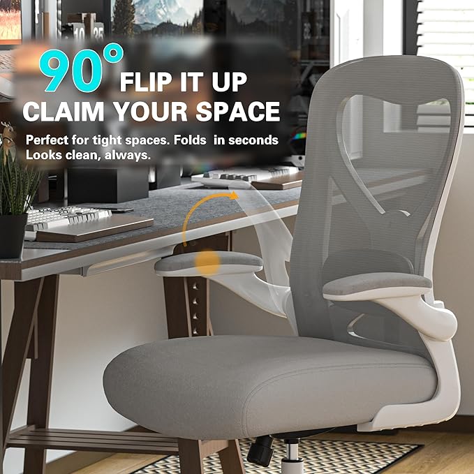 Ergonomic Home Office Chair, 4-Way Lumbar, Thick Cushion, 330LBS | Adjustable Lumbar (up/down/in/out), Rocking Mesh Back, Flip-up Arms, Easy Assembly, Ideal for home offices & small workspaces - Image 6