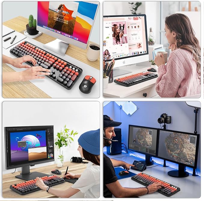 Wireless Keyboard and Mouse Combo, 104 Round Keys Cute Colorful Keyboard and Mouse with Retro Typewriter for PC/Mac/Laptop/Tablet/Computer/Windows Black Red - Image 7