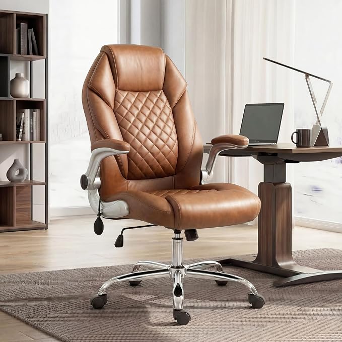 NEO CHAIR Executive Leather Chair, Ergonomic Office Chair, Lumbar Support | Brown Ergonomic Office Chair with High Back, Flip-Up Arms and Wide Seat, Comfortable Gaming Chair with Wheels for Back Pain - Image 2