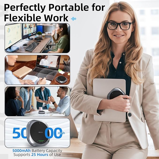6-Mic Conference Speakerphone for Hybrid Meetings, Up to 25 Hours, Black | AI noise reduction, 90° focused pickup, 360° voice pickup, 20 ft range, voice/music modes, Bluetooth, NFC, USB, room coverage - Image 8
