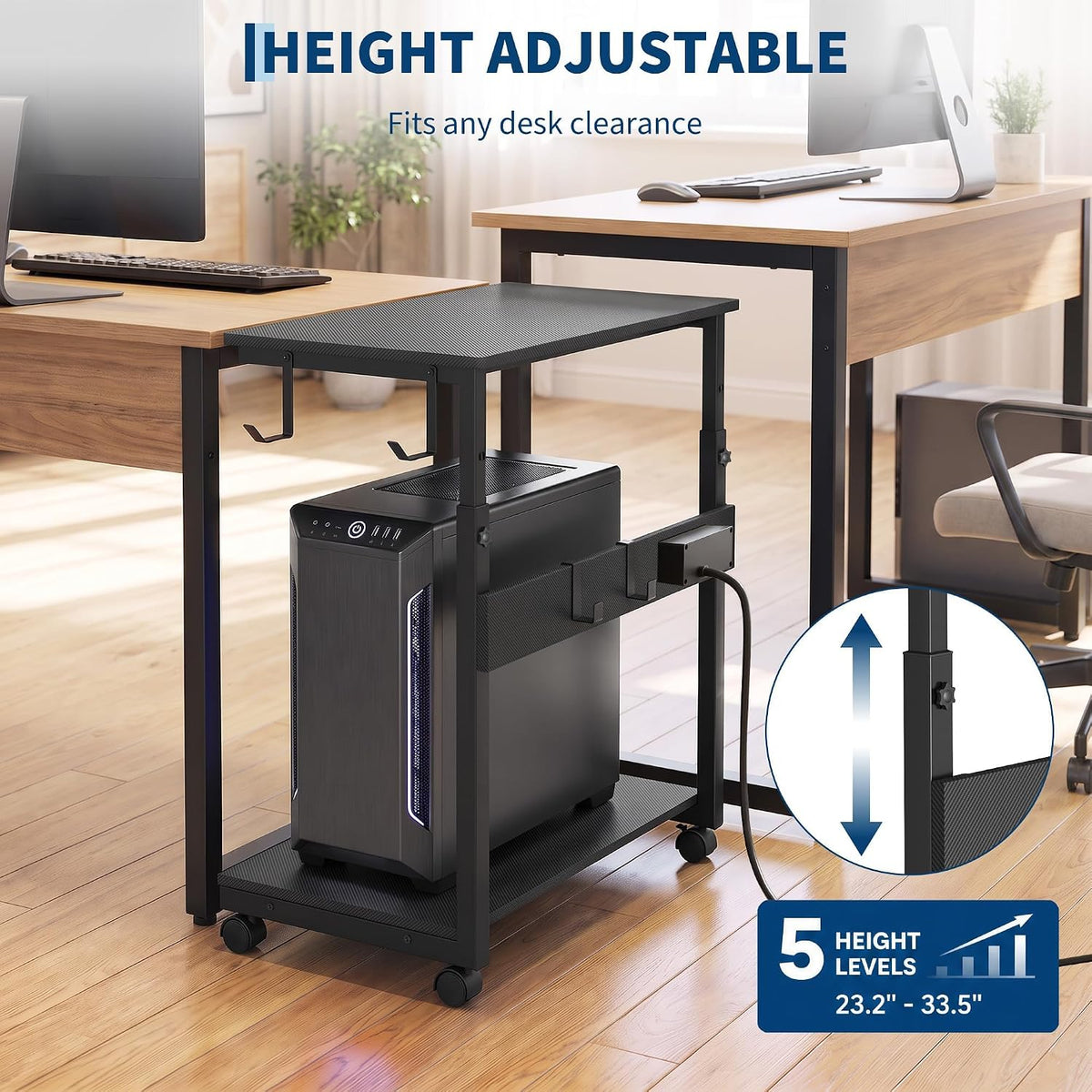 Garvee Adjustable Computer Tower Stand with Charging Station, 23"-33.5" PC Cart for Gaming Setups - Image 6