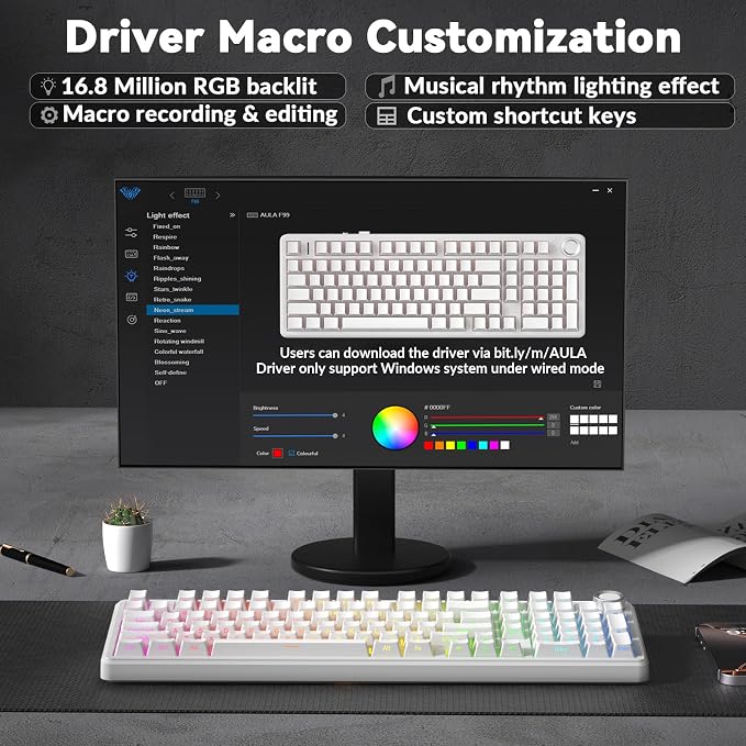 AULA F99 Pro Wireless Mechanical Keyboard-Silent Version,BT5.0/2.4GHz/USB-C Hot Swappable Custom Keyboard,Gasket Structure,Pre-lubed Linear Switches RGB Backlit Computer Gaming Keyboards,White - Image 8
