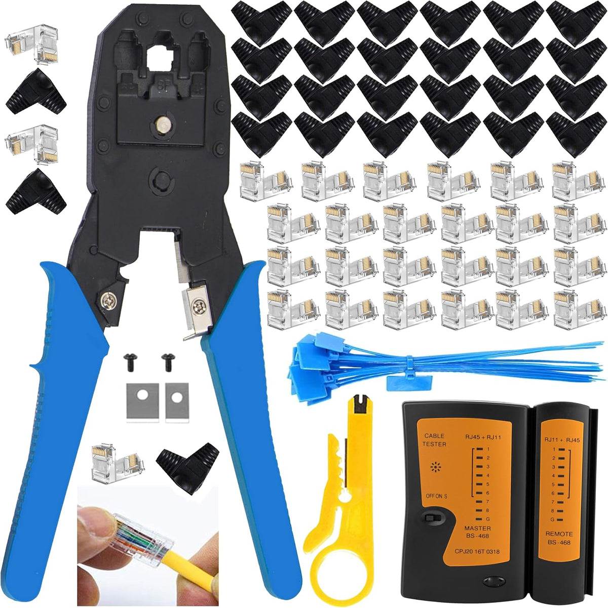 LEATBUY Crimper Cat5/Cat5e/Cat6 Crimping Tool RJ45 Crimp Tool Set for RJ11/RJ12 Internet Wire Crimp Tools Set Kits with Net Connectors, 30PCS Covers Network Wire Stripper Kit (BLACK) - Image 7