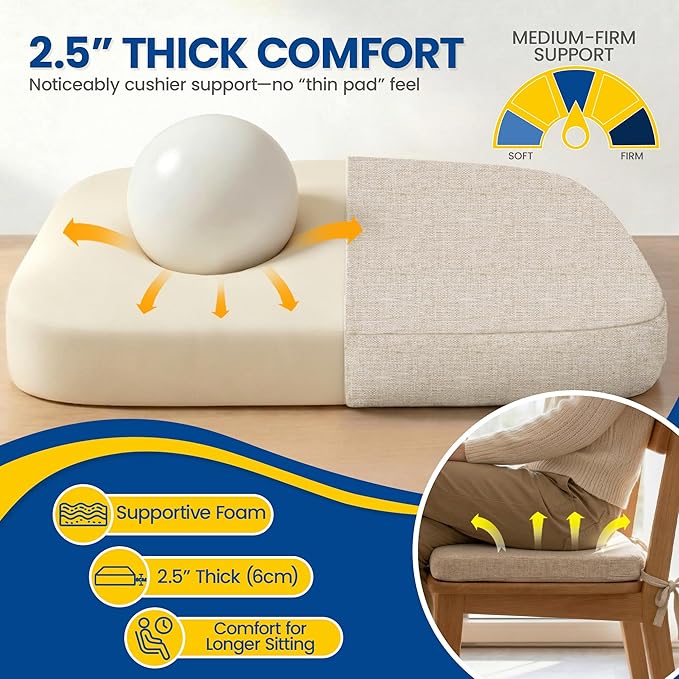 kingphenix Chair Cushions for Dining Chairs, Set of 4, 2.5 Inches Thick | High-Density Foam Kitchen Chair Cushions with Ties, Non-Slip Bottom and Removable Machine-Washable Covers, 17 x 16 in, Beige - Image 2