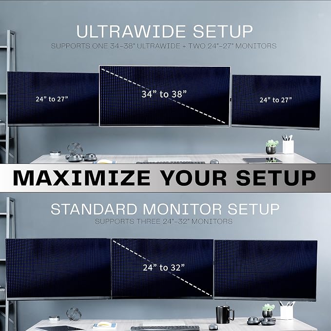 VIVO Premium Triple Monitor Wall Mount for 3 Screens up to 22 lbs, Fits up to 38 inch Ultrawides on Center Bracket, Adjustable Telescoping Arms, Flush Wall Setup, Black, MOUNT-TS03C - Image 7