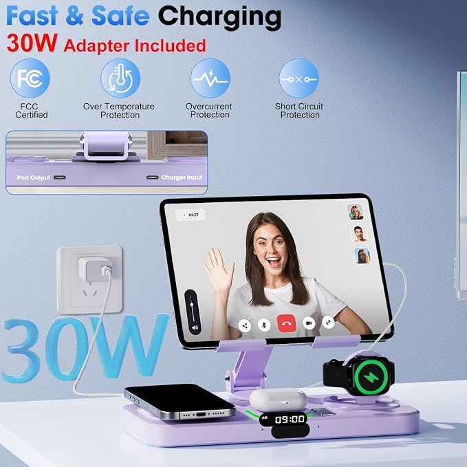 6 in 1 Wireless Charger for Apple Multiple Devices, Charging Station with Clock &7 Color Ambient Light, Foldable Rotate Stand for iPad, for iPhone17/16/15, Support for Apple Watch11/10 for AirPods4 - Image 7