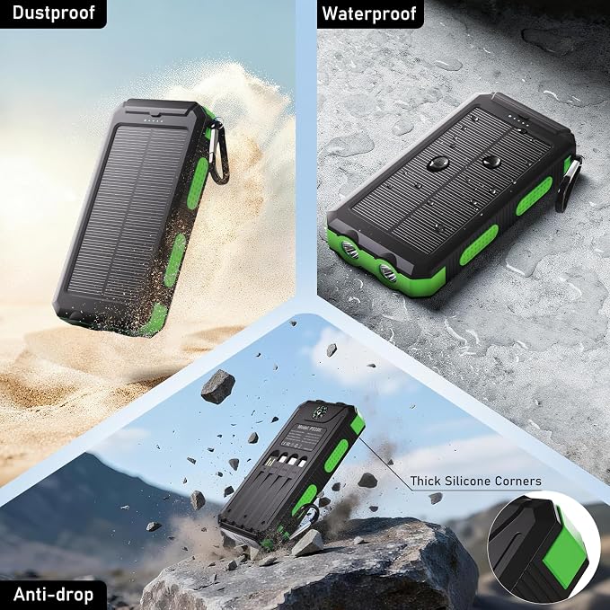 Solar Charger Power Bank 20,000mAh, Portable Charger, 4 Cables 3 Ports Fast Charging External Battery Pack with USB C for Cell Phones, Solar Panel Charger with Dual Flashlight for Camping Green - Image 8