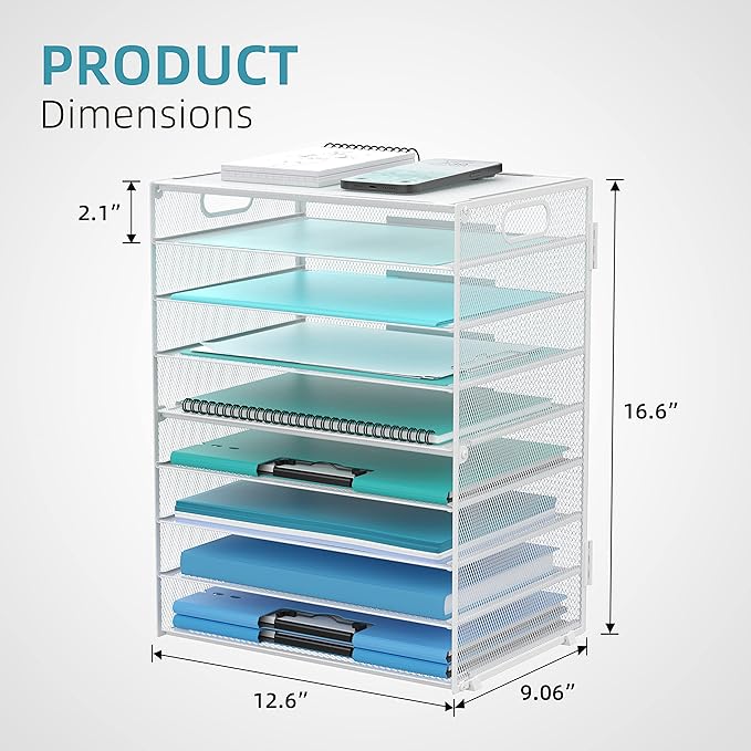 9-Tier Paper Organizer for Desk, Metal Mesh Letter Tray with Handles, White | Desk File Organizer with Removable Trays for Sorting Files, Folders, Mail and Printer Paper at Home, School or Office - Image 3