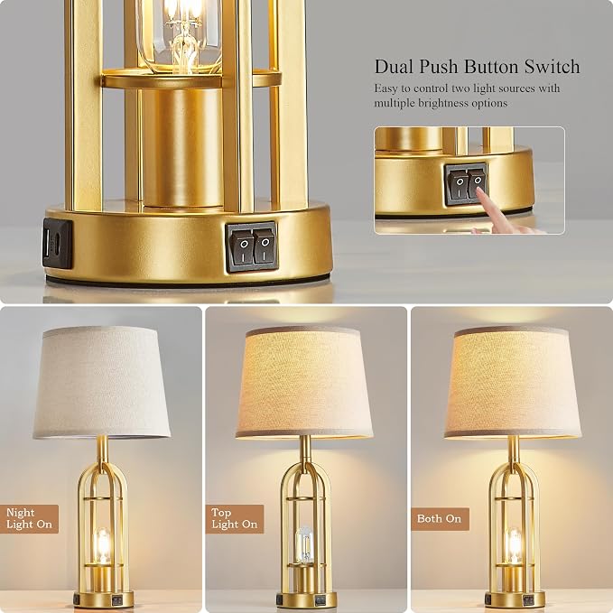 SRJJA Gold Table Lamps for Living Room Set of 2 - Modern Farmhouse Bedside Lamps for Bedroom Night Stands with Nightlight and USB A+C, Industrial Lamp for Living Room End Tables - Image 2