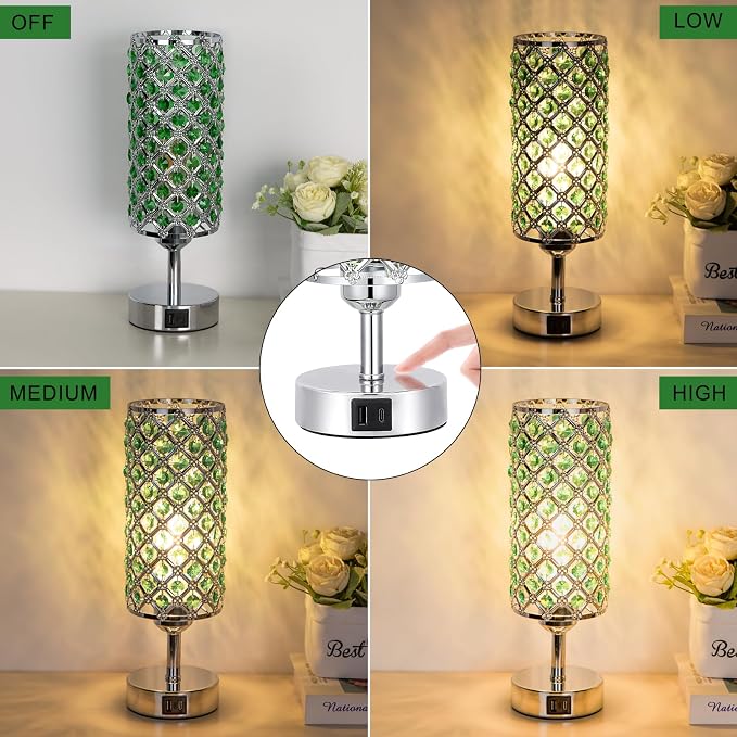 Crystal Table Lamp, 3 Way Dimmable Touch Lamps for Night Stands, Green | Green Crystal Bedside Lamp, Nightstand Lamp for Bedroom - Image 3