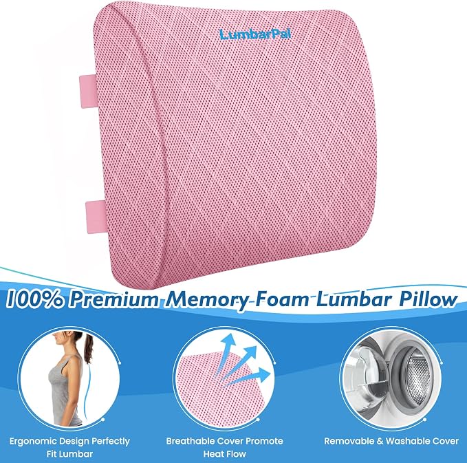 Lumbar Support Pillow for Office Chair, Back Support, Memory Foam, Pink | Improve Sitting Posture & Back Pain Relief. Lumbar Pillow Fits Office, Gaming & Car Chairs with Adjustable Dual Straps - Image 3