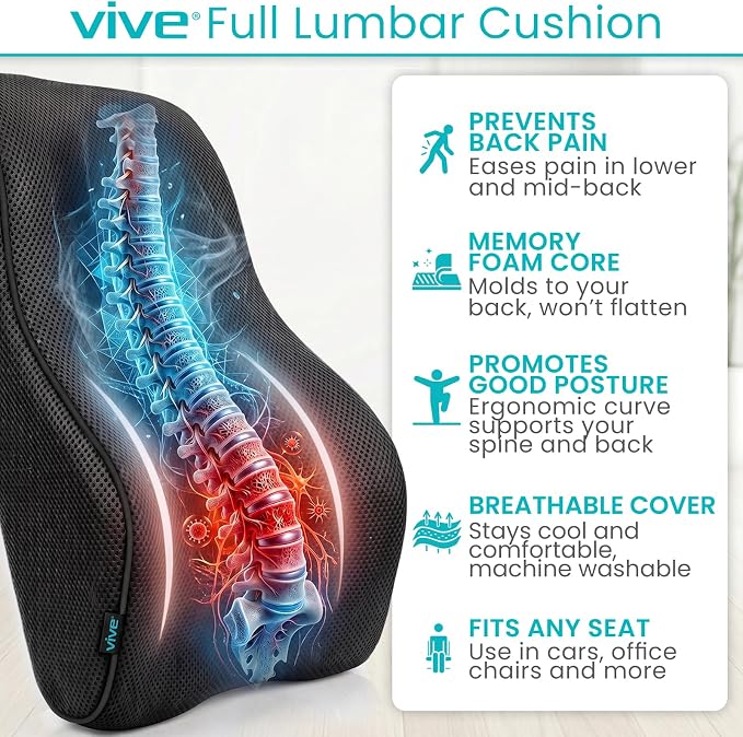 Vive Full Lumbar Cushion - Memory Foam Contour Support for Lower Back Pain | Ergonomic Pressure Relief for Office Chair, Car - Large Mesh Orthopedic Seat Backrest Roll for Improving Posture (Black) - Image 2