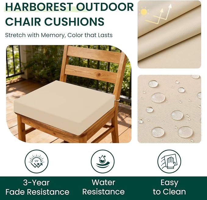 HARBOREST Outdoor Chair Cushions Set of 4, Water Resistant Patio Chair Cushions with Ties, Square Corner Outdoor Seat Cushions for Patio Furniture, 18.5"x16"x3", Beige - Image 2