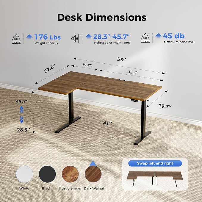 Agilestic 55 * 28 Inch Reversible L Shaped Electric Standing Desk, Walnut | Reversible left-right installation, L-shape Workspace, Sturdy Steel Frame, Memory Presets, Hooks, 176 lbs, Easy Assembly - Image 3