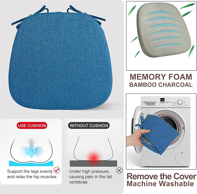 SINOSSO 6 Pack Memory Foam Chair Cushions for Dining Chairs, Friendly Woven Fabric 16" U-Shape Comfortable Kitchen Chair Pads, Removable Slip Resistant Seat Cushions (Set of 6, Blue) - Image 5