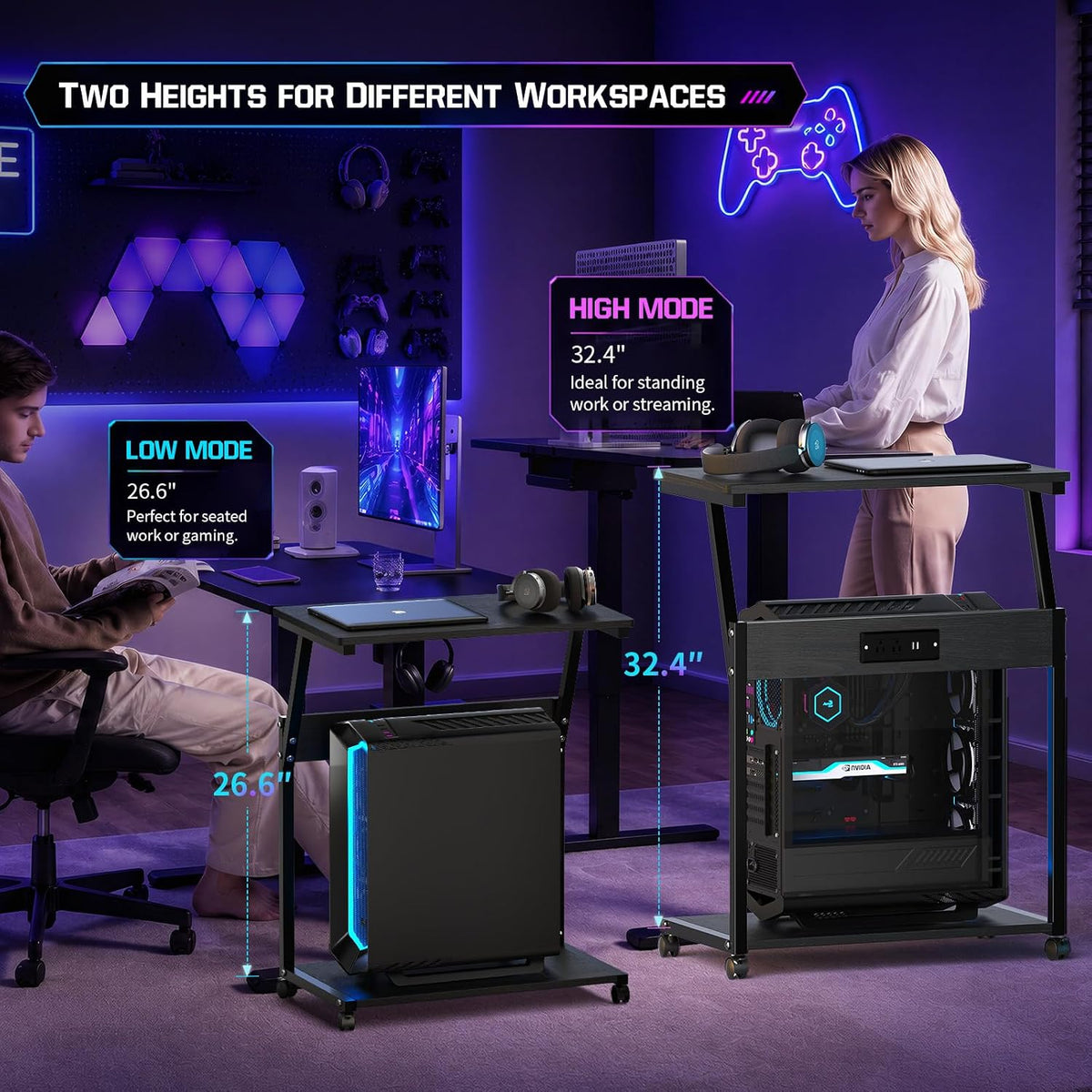 FANXIYQ Computer Tower Stand with Charging Station, Rolling PC Cart, Black - Image 4
