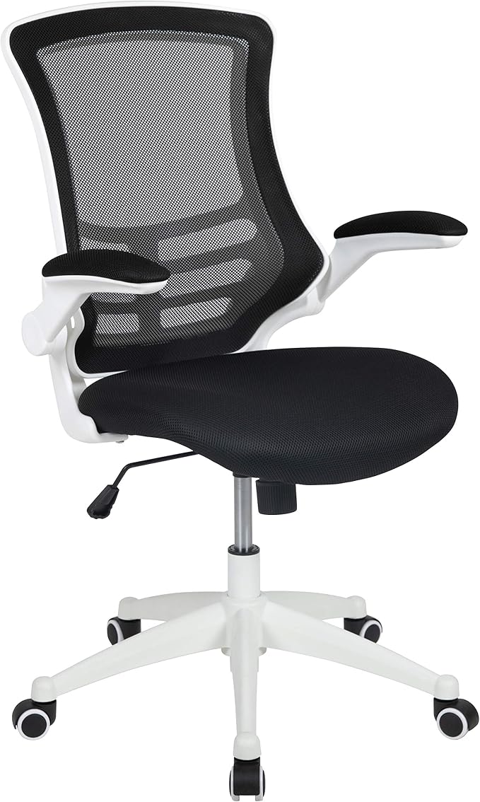 Flash Furniture Kelista Office Chair, Ergonomic, Mid-Back, White Frame, Black Mesh with Swivel | White Frame, Mid-Back, Flip-Up Arms, Mesh Back by FlashFurniture