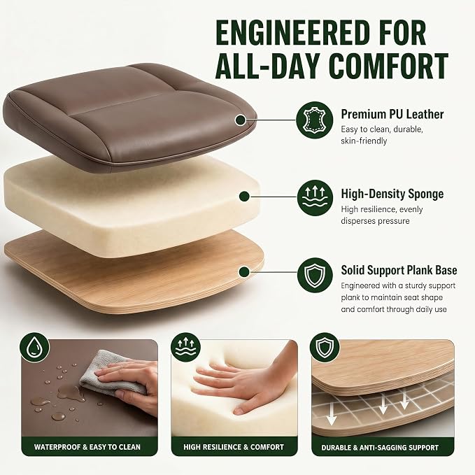 MALOL Leather Office Chair with Adjustable Lumbar Support Set of 2, Brown | Computer Desk Chair with Thick Cushion, Flip-Up Arms and Ergonomic Back, Comfy Executive Office Chair for Home Office Gaming - Image 5